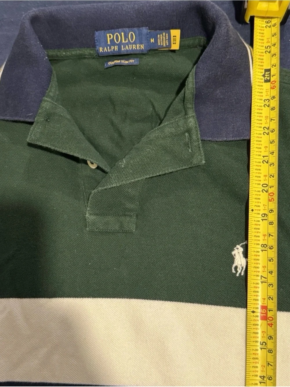 Men’s Medium Slim Fit Ralph Lauren Green, Navy & White Striped Polo Shirt